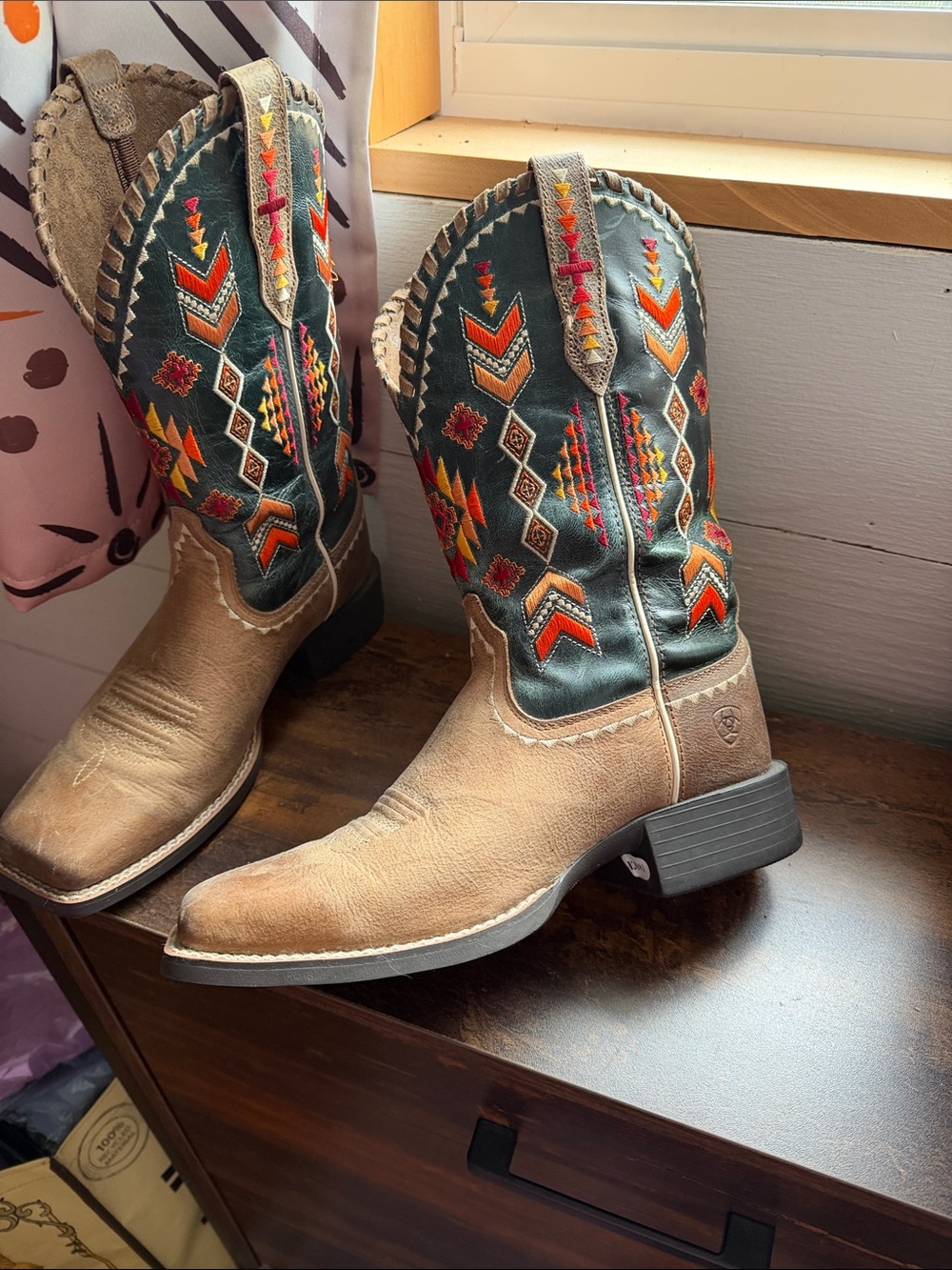 Ariat Brown, Orange and Black Embroidered Western Heeled Boots